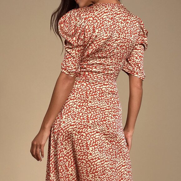 NWT Lulus Simply Love Beige and Red Leopard Print Satin Midi Dress - Picture 3 of 9